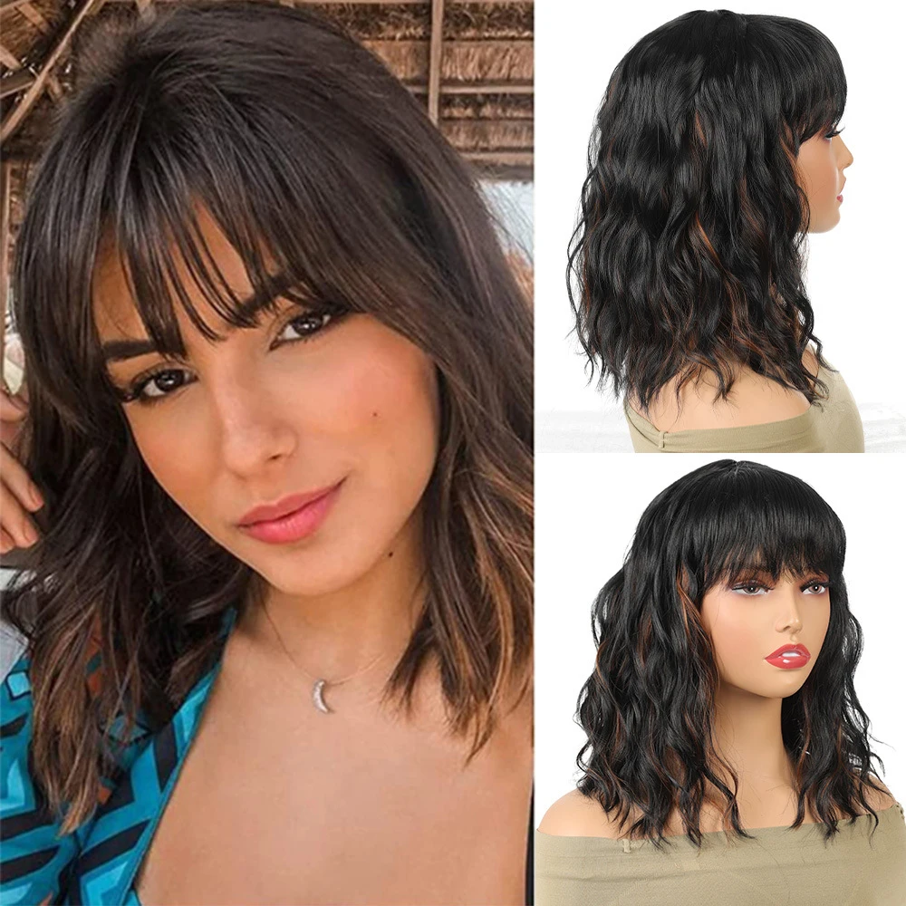

Women's short wave wig, synthetic bangs sea water ripple wig wavy shoulder length full head cover