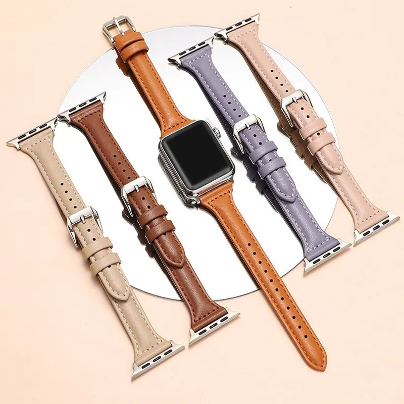 Slim Leather Strap for Apple Watch band 44mm 45mm 41mm 40mm 38mm wrist women bracelet iWatch serie 9 8 7 6 5 4 3 SE Ultra 2 49mm