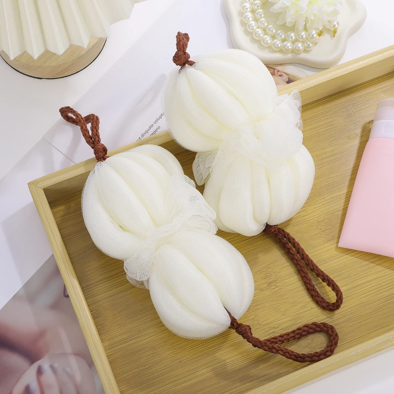 

2pcs Bath Ball Shower Sponge Mesh Exfoliating Body Scrubber Cleaning Tub Sponges Women Bathroom Brush Foam Space Hanging Travel