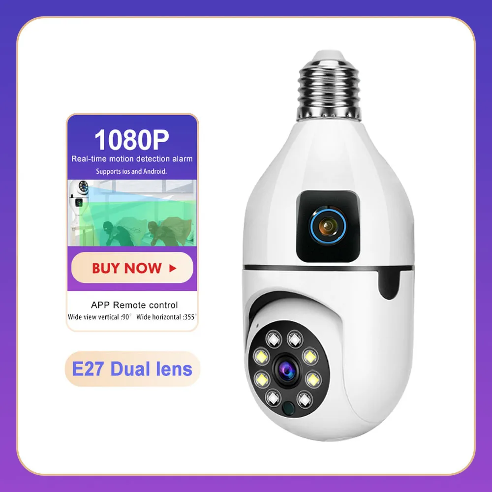 

E27 Dual Lens WiFi Security Camera 1080P HD Wireless Smart Home Camera 360 Degree Security Infrared Night Vision V380 Pro CCTV