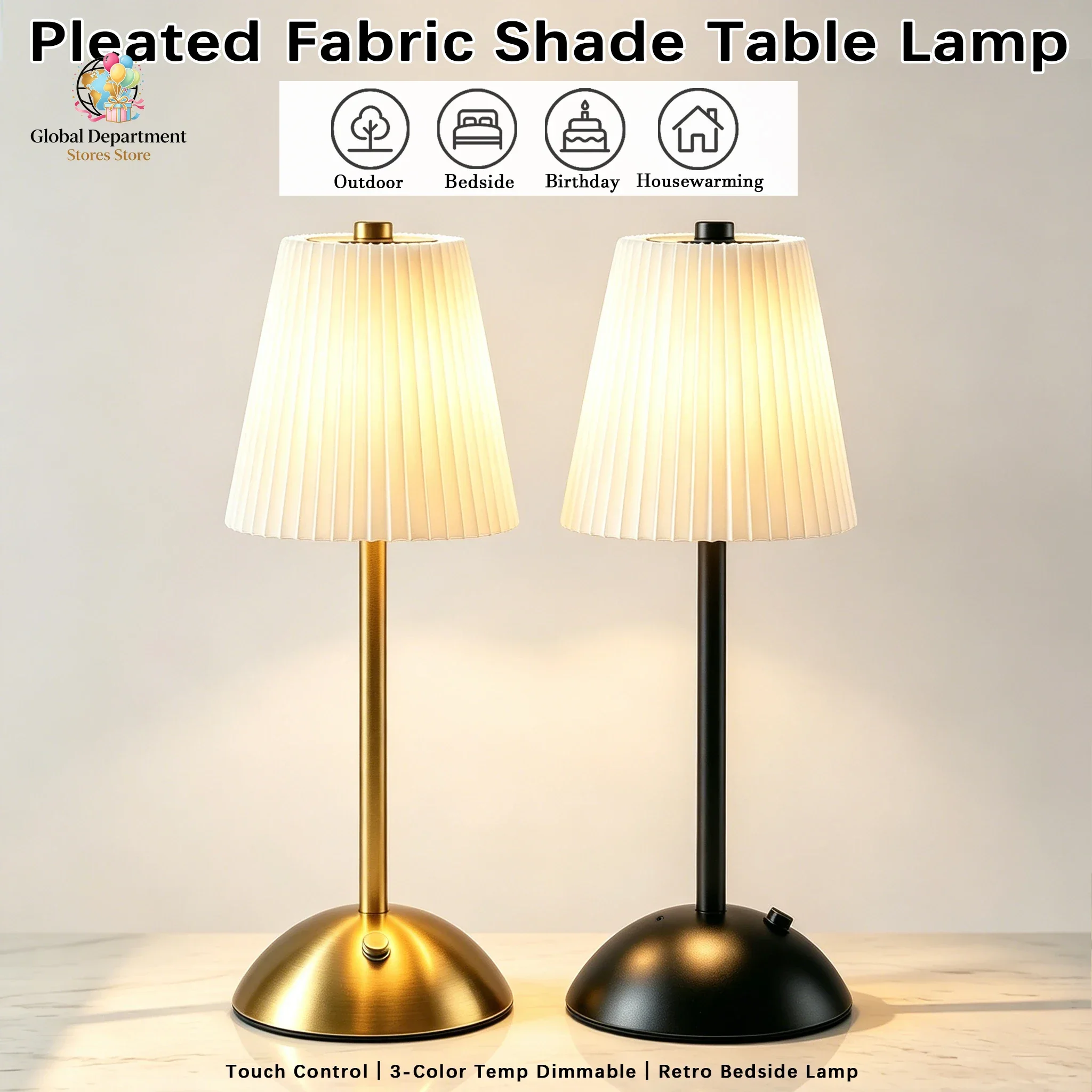 1pc Vintage Pleated Fabric Table Lamp Touch Control 3 Color Temperature USB Bedside Desk Lamp Retro Light Luxury Home Decor Gift