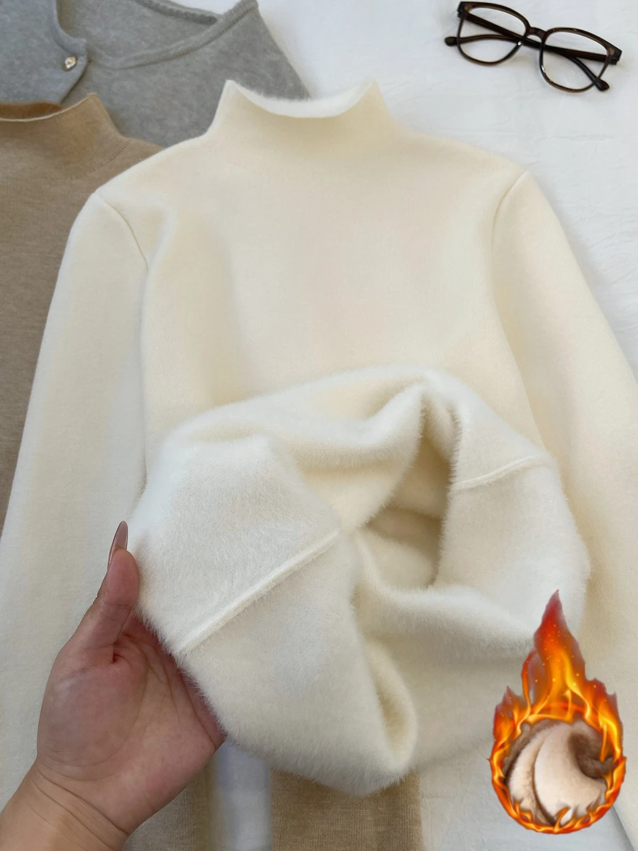 

2026 женские вязаные топы с длинными рукавами, женская водолазка, универсальный свитер, осень-зима, утепленные однотонные пуловеры на флисовой подкладке