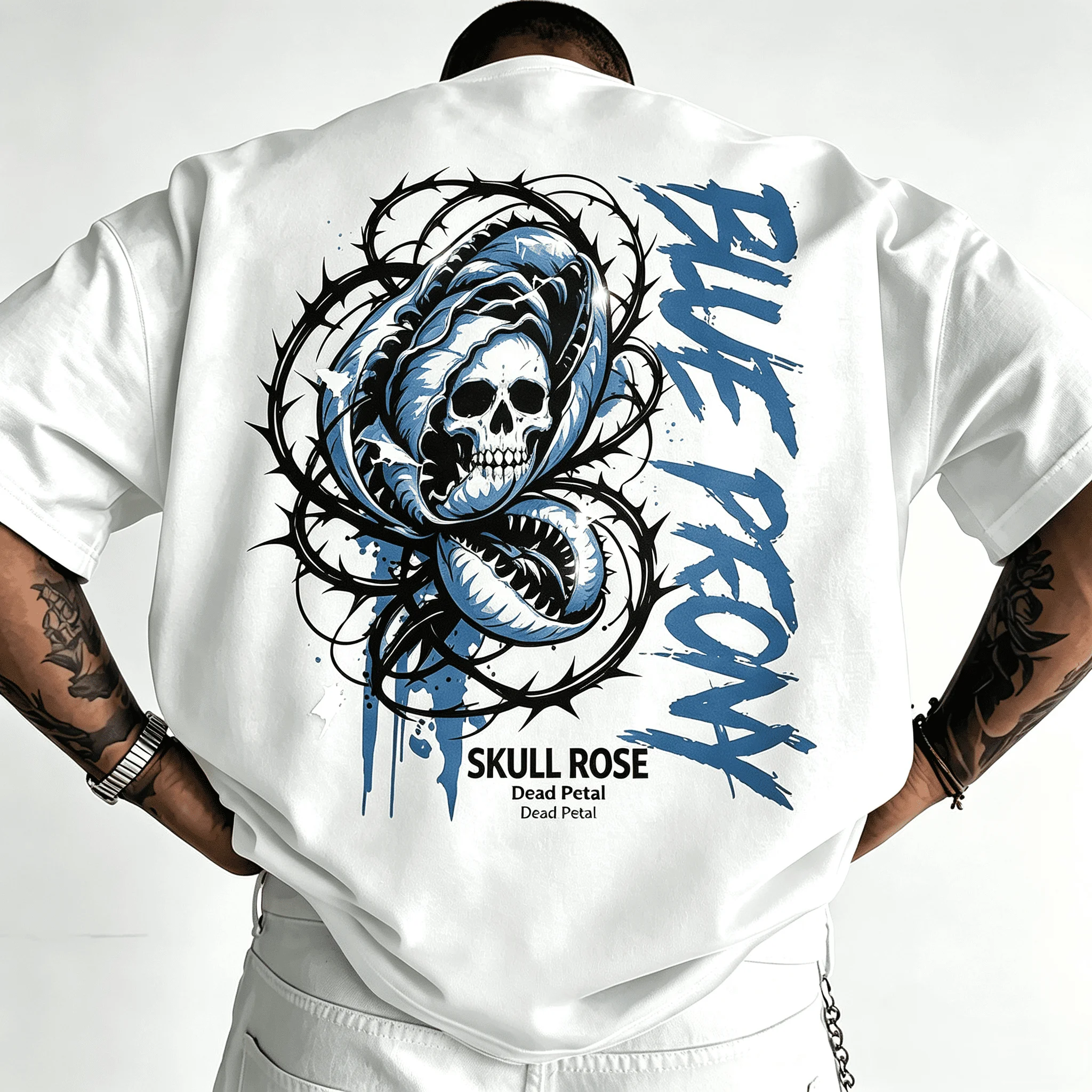Unisex Oversized White T-Shirt Skull Rose Thorn Monster Flower Graphic Back Print Gothic Streetwear Short Sleeve Tee For Men Women
