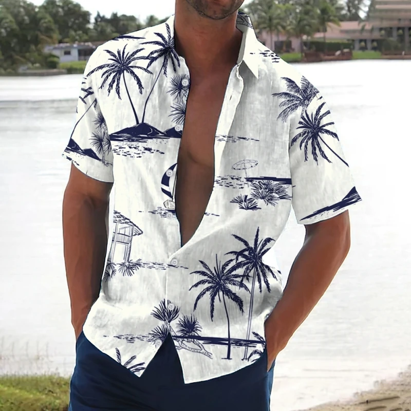 2024 Retro Men's Shirt Coconut Tree Print Short Sleeve Shirts Beach Casual Man Clothing Loose Oversized Hawaiian Shirts For Men