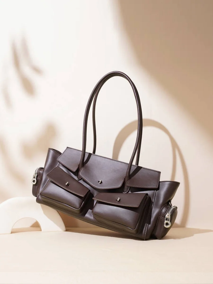 

Motorcycle Style Multiple Pockets Design Large Tote Vintage Shoulder Bag Long Handle Glossy Split Cow Leather Women Handbag