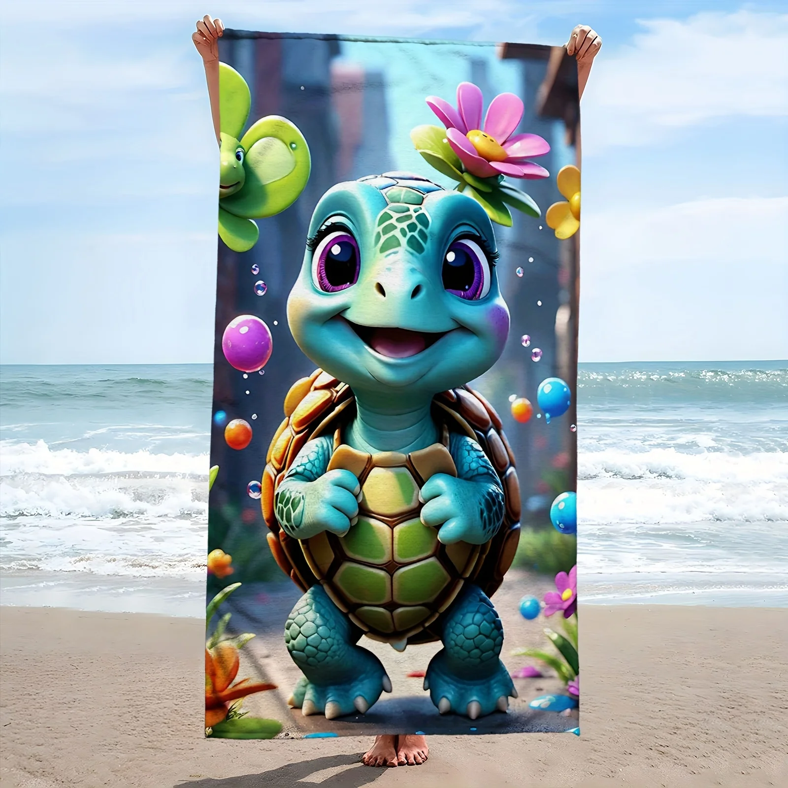 

1 Cat Cartoon Turtle Design Beach Towel, Microfiber Beach Mat, Super Absorbent Bath Towel, Suitable for Travel, Swimming, Diving