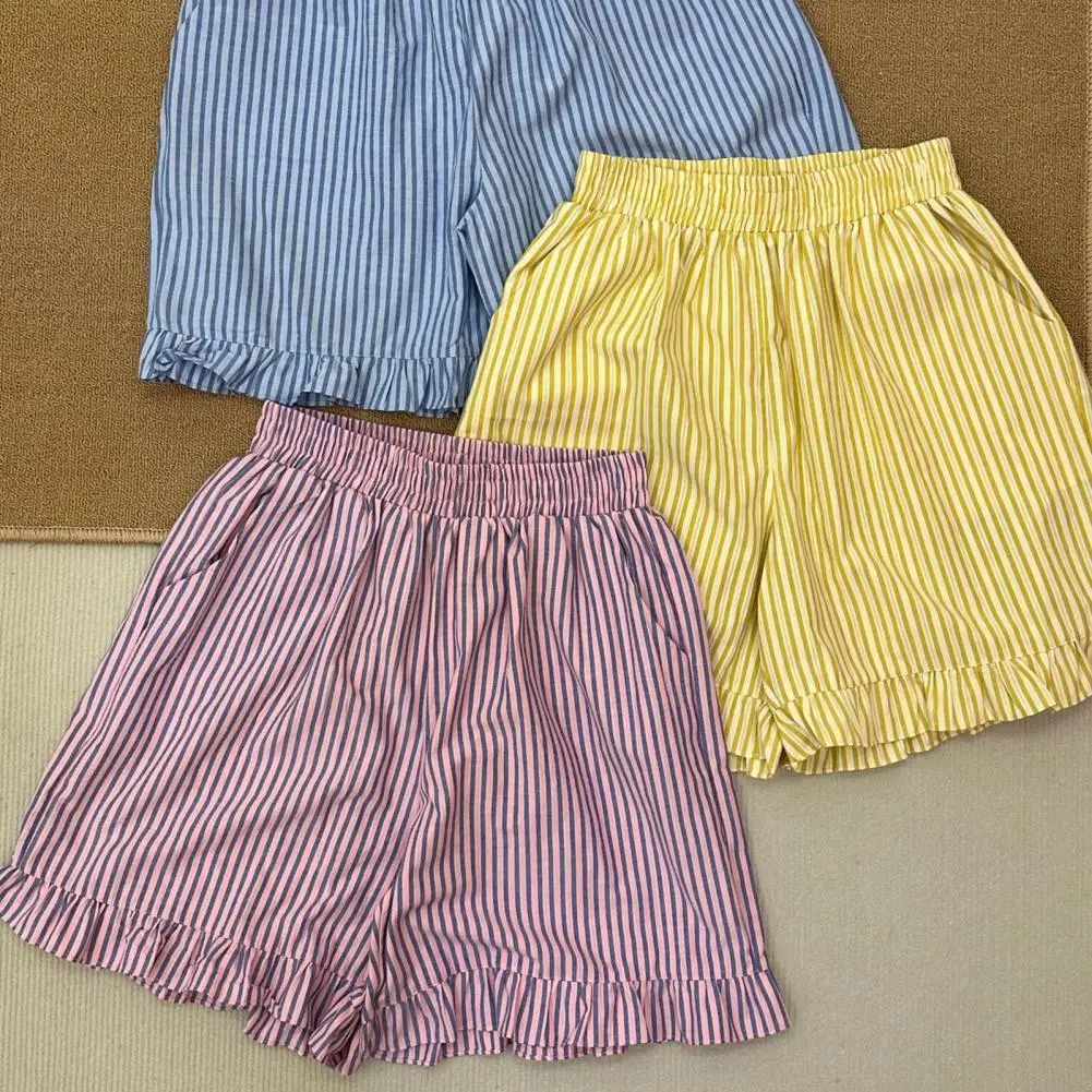 

Summer Shorts Candy-colored Elastic Waist Pajama Shorts Striped Print Shirring Edge Comfortable Homewear for Sleep Summer