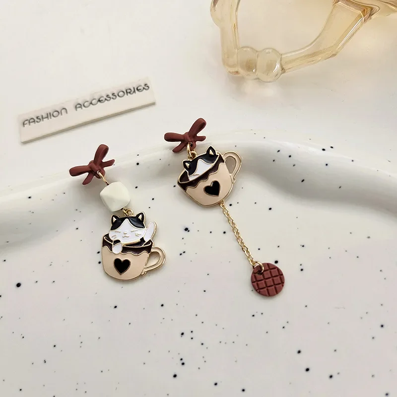 S925 Needle Cute Teacup Kitten Earrings for Women Girls Long Tassel Asymmetrical Enamel Cartoon Cat In The Coffee Cup Earrings