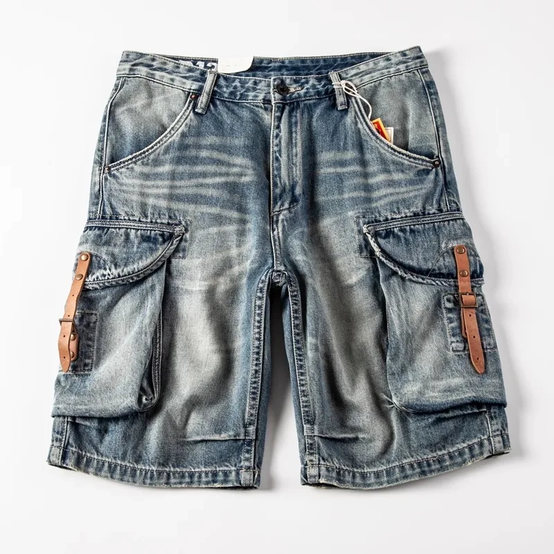 

Casual Loose Men's Denim orts Summer Outdoor Wear American Retro Workwear Multi-ket Five-Quarter Mid-Pants