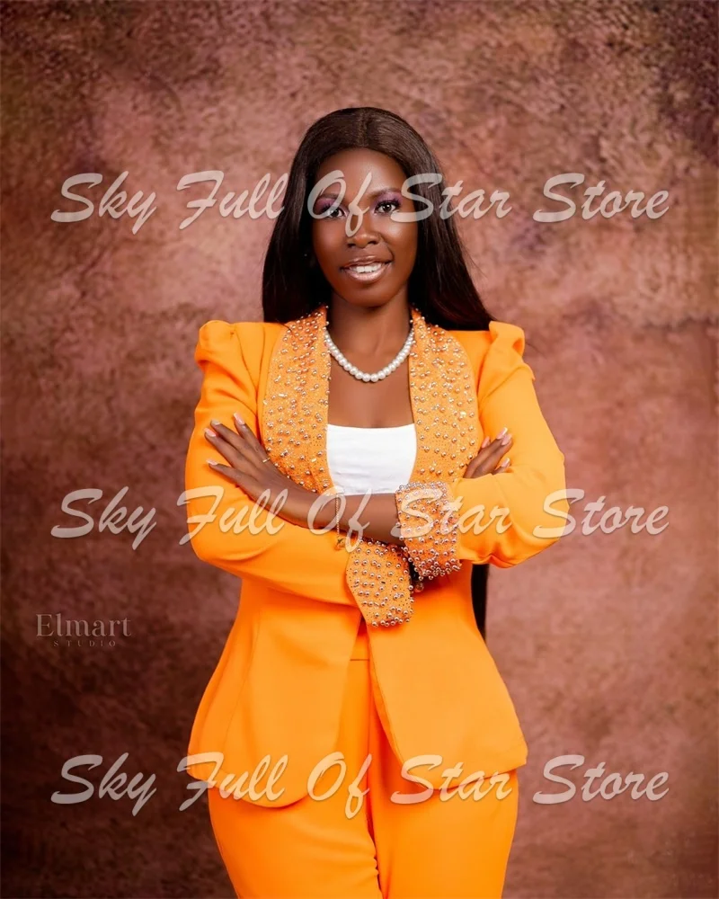 Orange Women Suit Set 2 Pcs Pearl Rhinestone Lapel Puff Blazer+Wide Leg Pants Custom Formal Graduation Evening Wedding Lady Coat