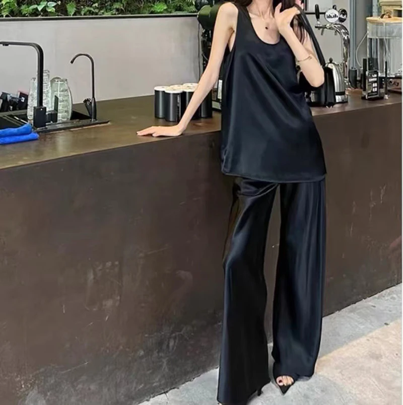 Elegant 2 Piece Sets Women Acetate Folds Lady Suit Acetate Trendy Sets Classic Basic Models Sleeveless Bottoming Vest Pants Suit