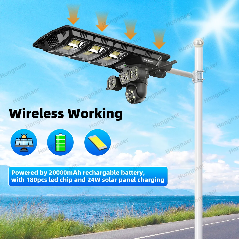 Hongnaer 8MP 4K WiFi IP PTZ الشمسية اللاسلكية CCTV V380 Pro عدسة مزدوجة الشمسية ضوء الشارع للرؤية الليلية كاميرا CCTV الأمن