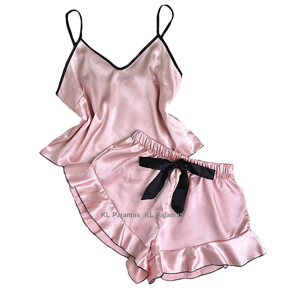 

Comfortable Satin Silk Pajamas Sets for Women 2Pcs Ruffle V Neck Adjustable Straps Camisole Sleepwear Shorts Pjs Set Loungewear