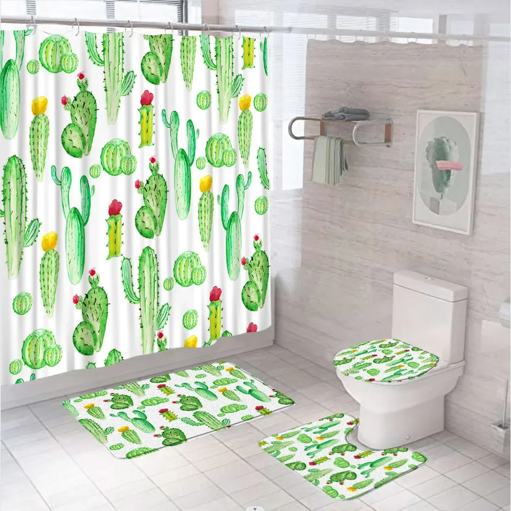 Cute Cactus Potted Plant Shower Curtain Sets Non-Slip Rugs Bath Mats Toilet Cover Black White Stripe Geometric Bathroom Curtains