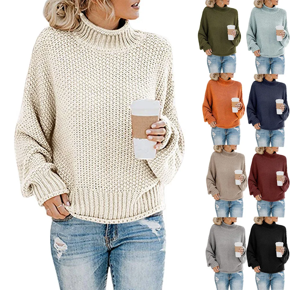 14 Colors S-5XL Autumn Knits High Neck Streetwear Women Solid Knitted Sweater Loose Pullovers Long Sleeves Knitwear