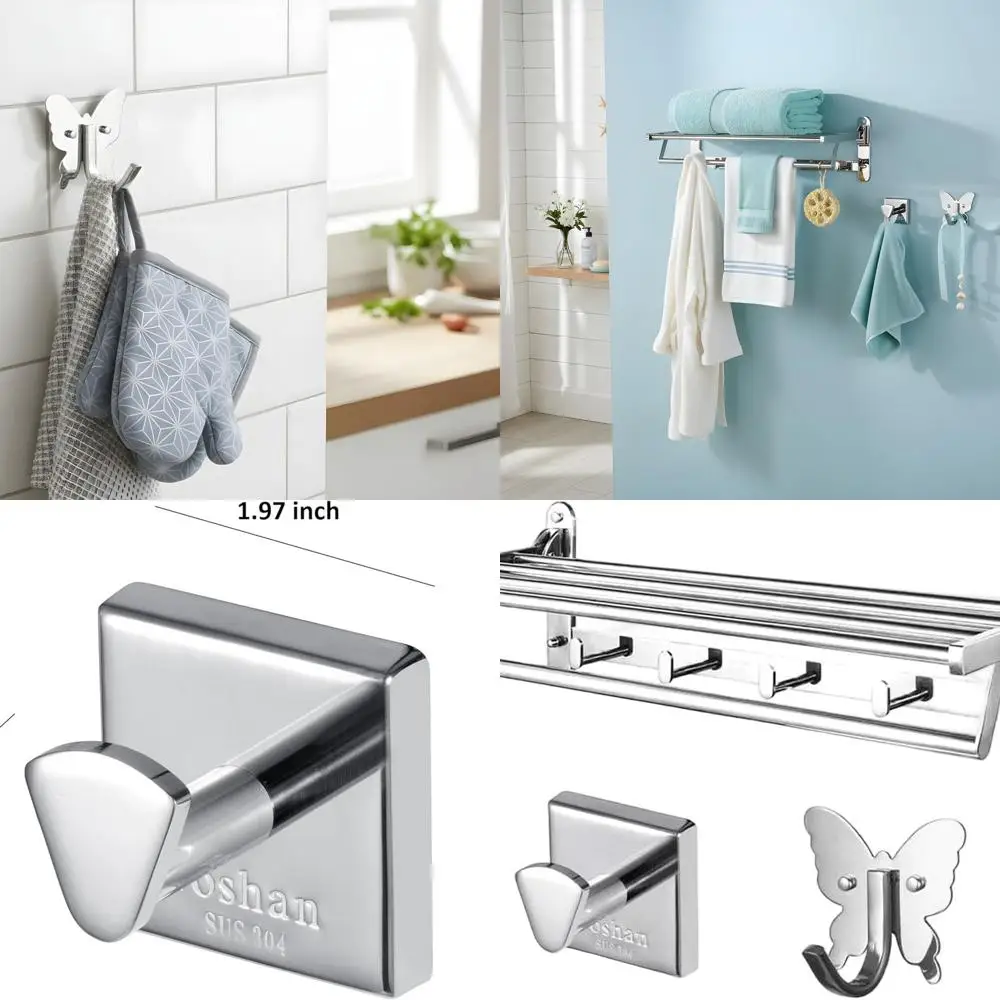 

Stainless Steel Foldable Towel Bar with Shelf and Hooks, Wall-Mounted Heavy Duty Rack Set, Polished Silver
