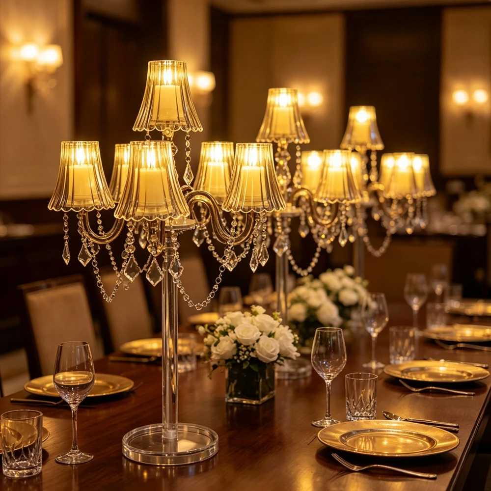 4-10pcs)60-120cm Acrylic Metal Romantic Centerpiece Ornaments Table Centerpiece Candlestick Plinth for Wedding Decorations Equip