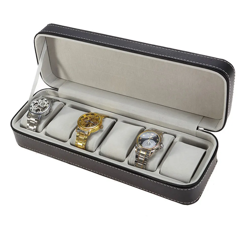 

6 Slots Watch Storage Box PU Portable Organizer Dustproof Zipper Watch Display Case Jewelry Holder for Home Travel