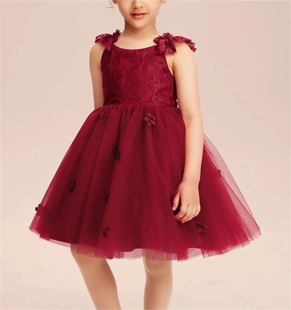 

Wedding Flower Girl Dress Round Neck Sleeveless Bow Red Puffy Skirt Lace Flower Zipper Custom Color Size Vestidos Para Niñas