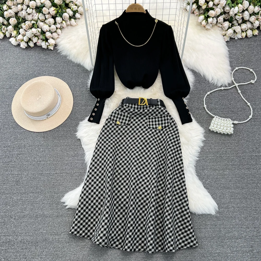 Two Piece Skirt Set Women\'s Autumn Winter Lantern Long sleeved Sweater Slim Fit Knitted Top High Waist Checkered Skirt