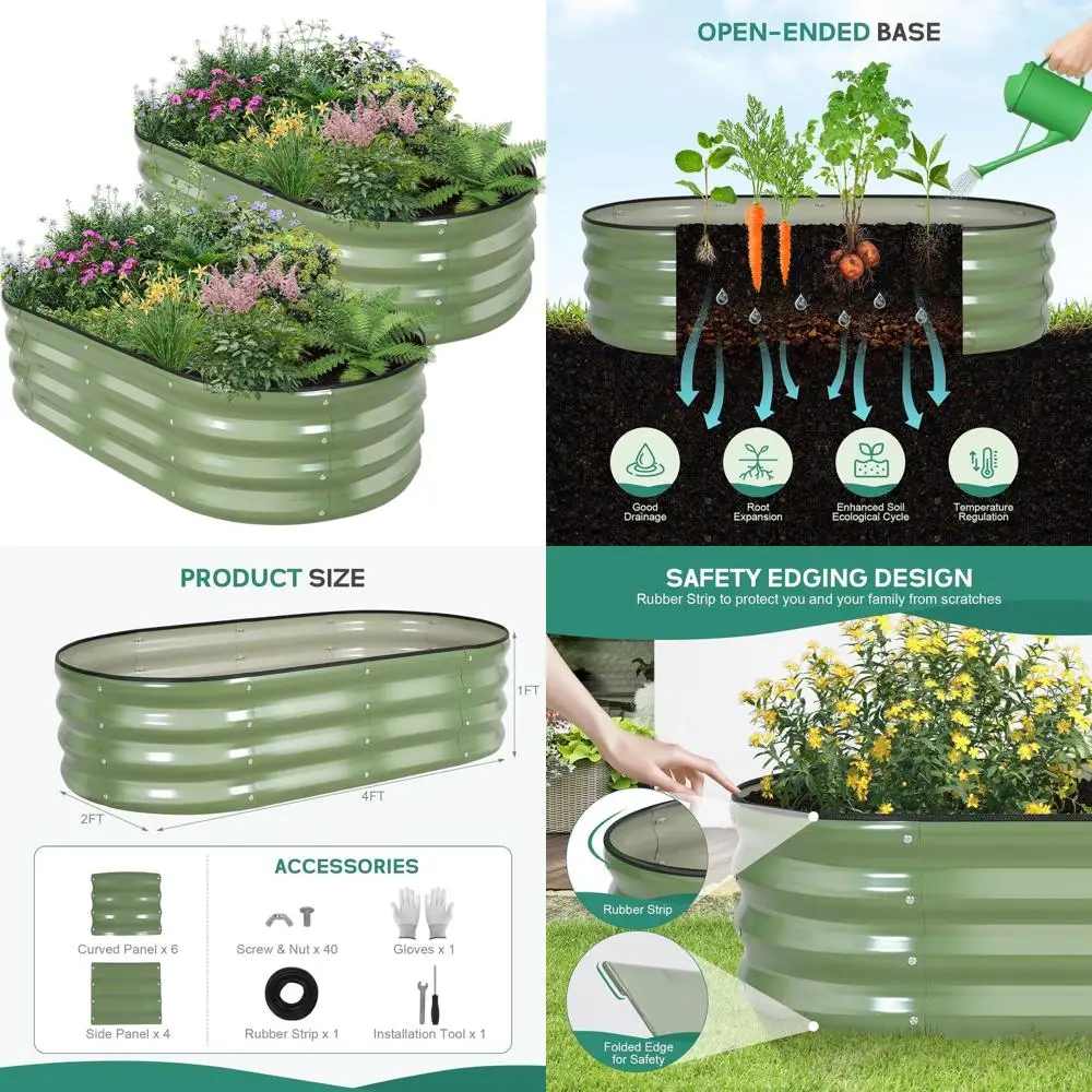 

Oval Metal Garden Planters - 4x2x1ft (2-Pack) Raised Beds for Vegetables, Fruits, Flowers in Olive Green