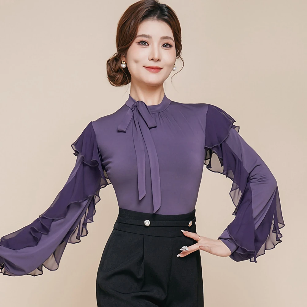 Top elegante vals salón de baile púrpura manga larga vestido de baile de cuello alto para mujer GB Dance blusa de vals con volantes negro