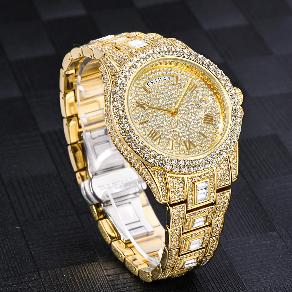 Full Iced Out Watch For Men Luxury Gold Hip Hop Diamond Quartz Mens Watches Waterproof Day Date Clock Best Selling Product 2023