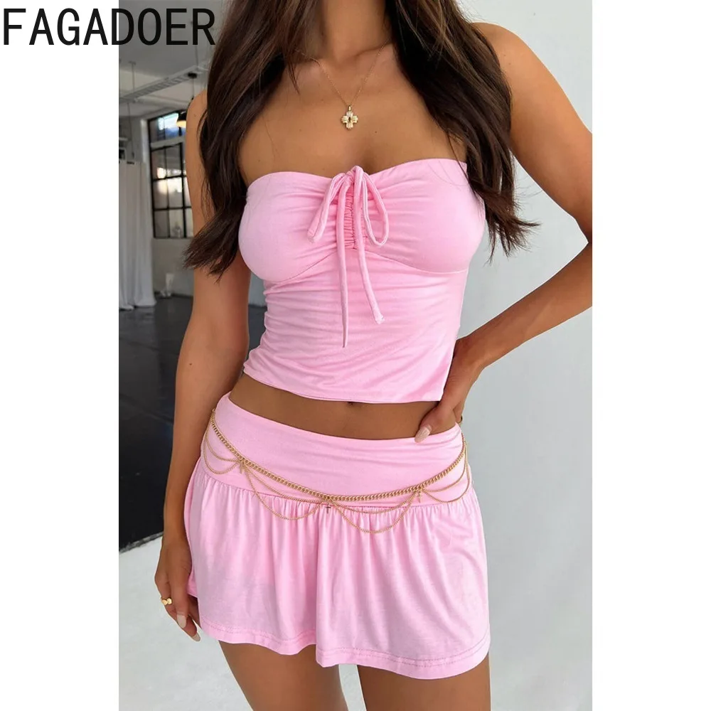 FAGADOER Sexy Solid Drawstring Mini Skirts Two Piece Sets Women Lace Up Sleeveless Backless Top + Skirts Outfits Female Clothing
