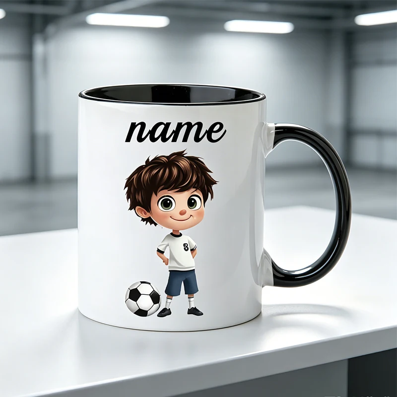 Customizable name mug featuring a cartoon soccer-playing boy—a personalized coffee mug and creative gift for boys who love socce