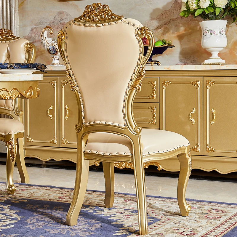 

European all-solid wood dining chair double-sided carved leather seat American high-end villa dining table and chair combination