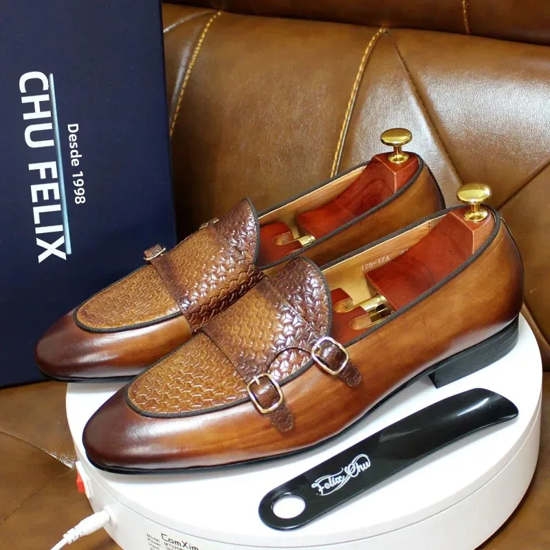 Mocasines de cuero genuino para hombre, zapatos de monje con hebilla de Metal, vestido de negocios informal, zapatos formales para fiesta de boda de caballero