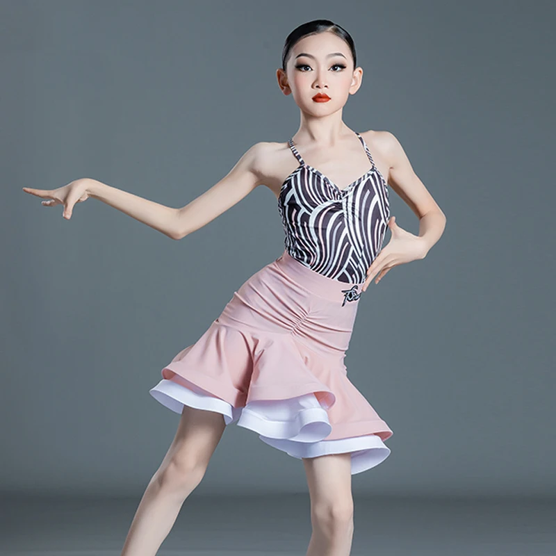 

Children'S Latin Dance Costume Girls Latin Dance Dress New Sling Back Cross Strap Top Ruffle Skirt Practice Clothes SL6506