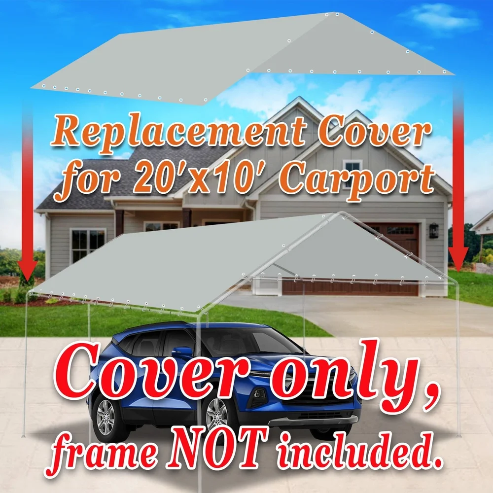 10x20ft Waterproof Carport Canopy Replacement Cover with Bungee Fasteners UV Protection Durable Tear Resistant Outdoor Use