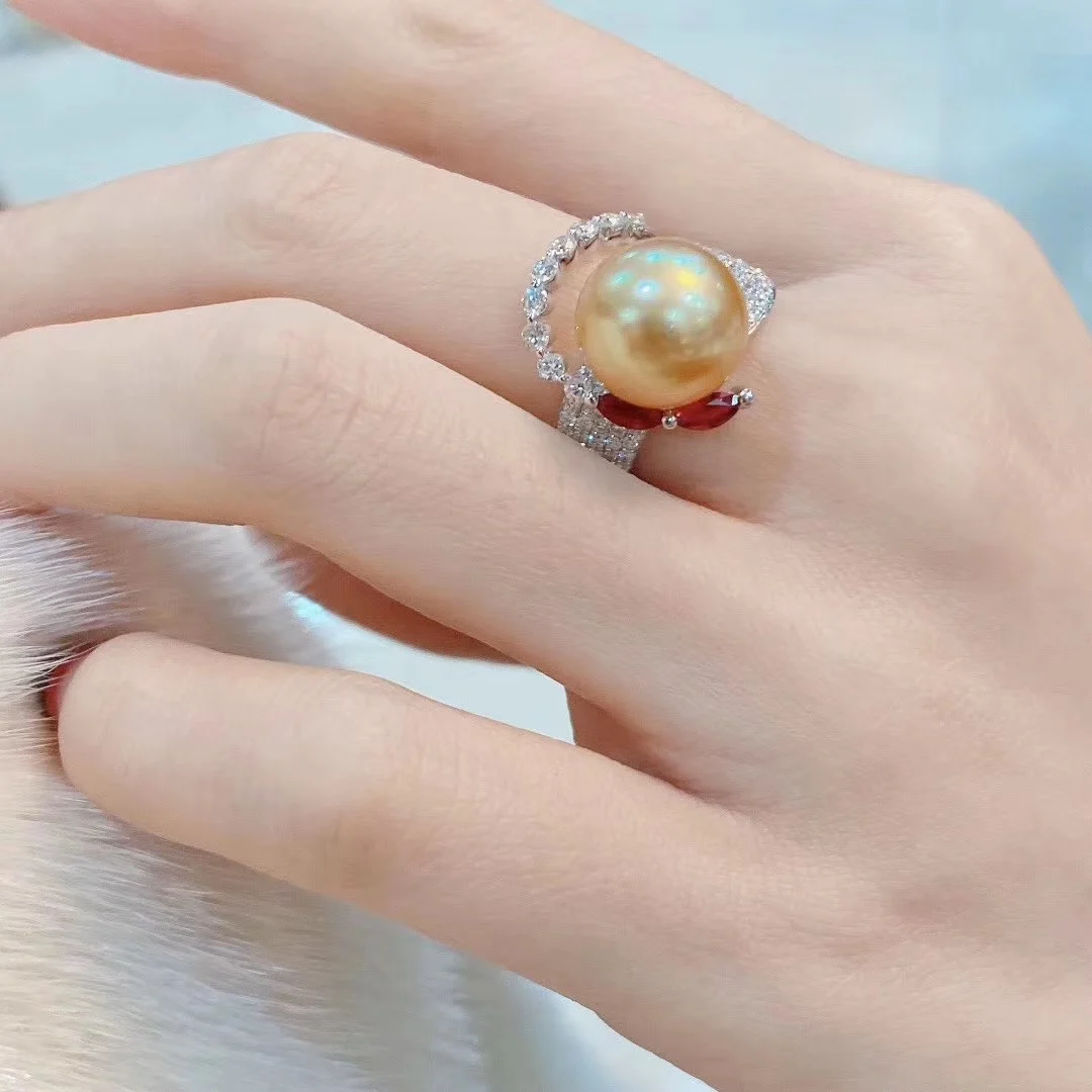 

New product ring AAAA 10-11mm natural round Nanhai gold pearl living ring, 925s