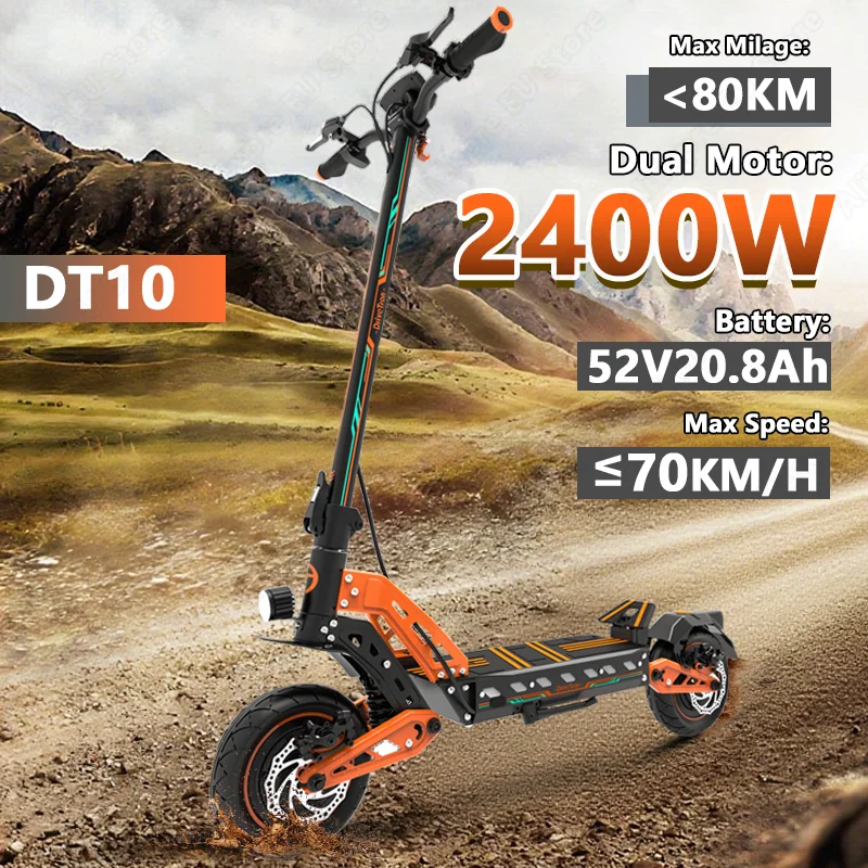

DT10 Electric Scooter 1400W*2 Motor 52V20.8Ah Battery E-Scooter Max Speed: 70KM/H Max Range: 60-80KM 10-inch Tires EScooters