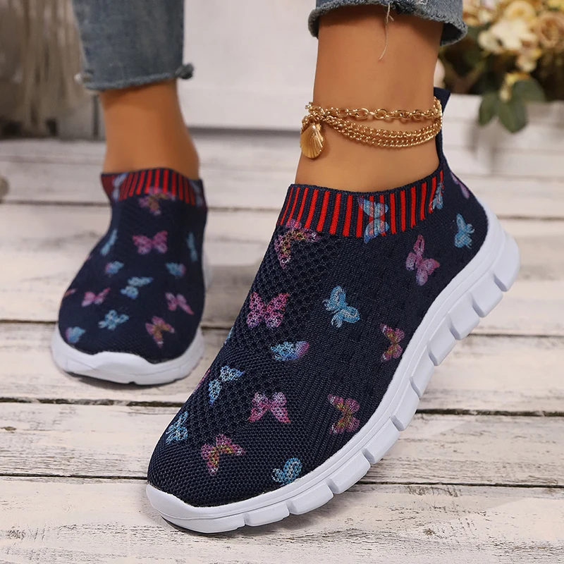 Sneakers Casual lavorate a maglia da donna moda farfalla stampa suola morbida scarpe da corsa donna scarpe da ginnastica piatte traspiranti leggere