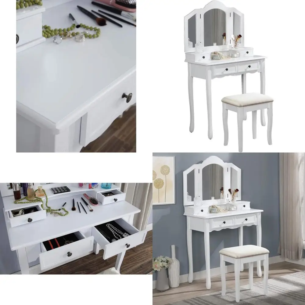 

Деревянная туалетная тумбочка Roundhill Furniture Sanlo | Набор: туалетный столик и стул | Белый