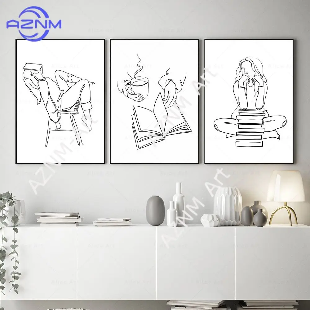 Buchhafter Druck Minimalistisches Linienkunst-Poster Buch Blumen Botanische Wandkunst Leinwandgemälde Kaffee Mädchen Bilder Heimdekoration Geschenke