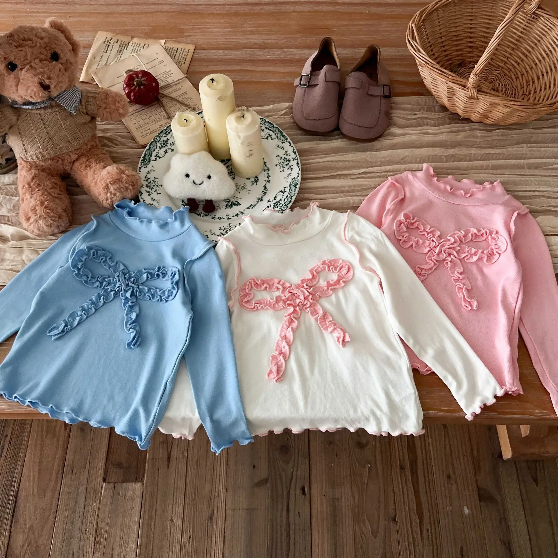2026 New Autumn Korea Style Simple Bow Solid Color Kids Clothes Girl Clothing Long Sleeve Top for Girl 90-140