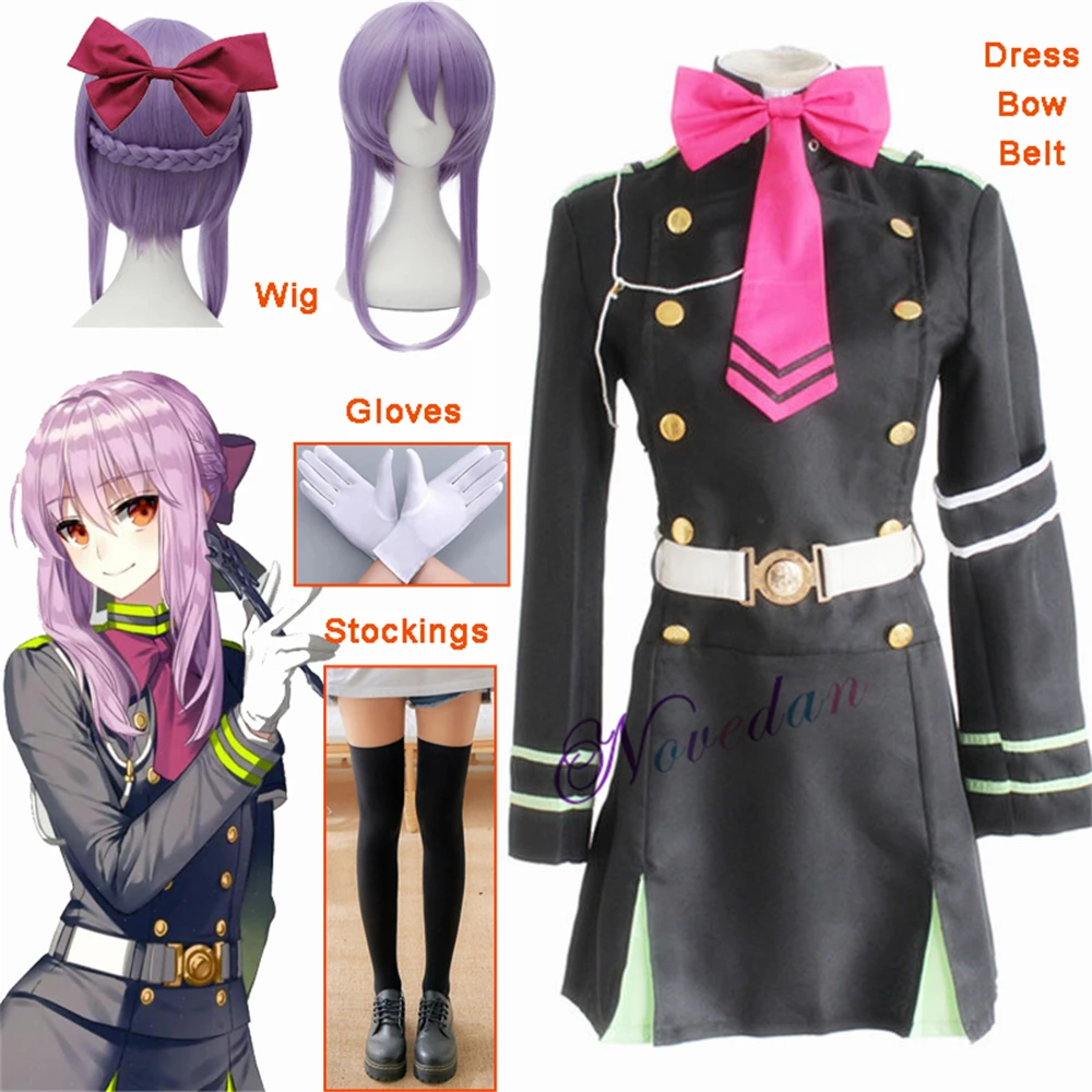 Fantasia de Cosplay Anime Japonesa com Peruca para Mulheres, Serafim do Fim, Owari no, Shinoa, Hiiragi, Conjunto Completo, Uniforme para Festa de Halloween