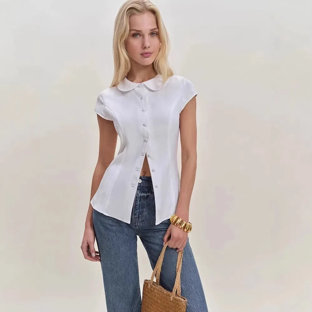 

French Sle mat Linen irt Ele Slimming ort Sve Baby Collar Top for Women Simple Faion Body ape Highlig...