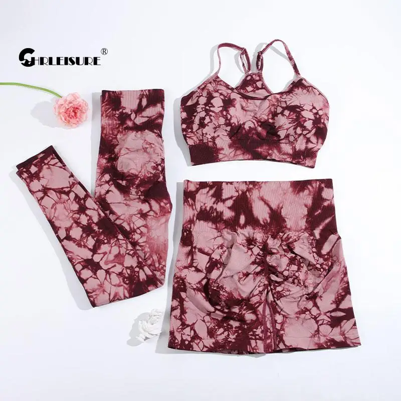 CHRLEISURE Sports Suit for Women Tie Dye Yoga Set 2/3PCS Seamless Fitness Outfit Athletic Bra with Workout Legging Gym Tracksuit