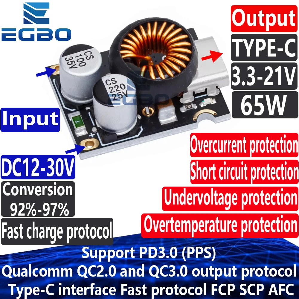 دعم وحدة الشحن السريع PD3.0 (PPS) 65 وات Qualcomm QC2.0 وQC3.0 بروتوكول الإخراج واجهة Type-C بروتوكول سريع FCP SCP AFC