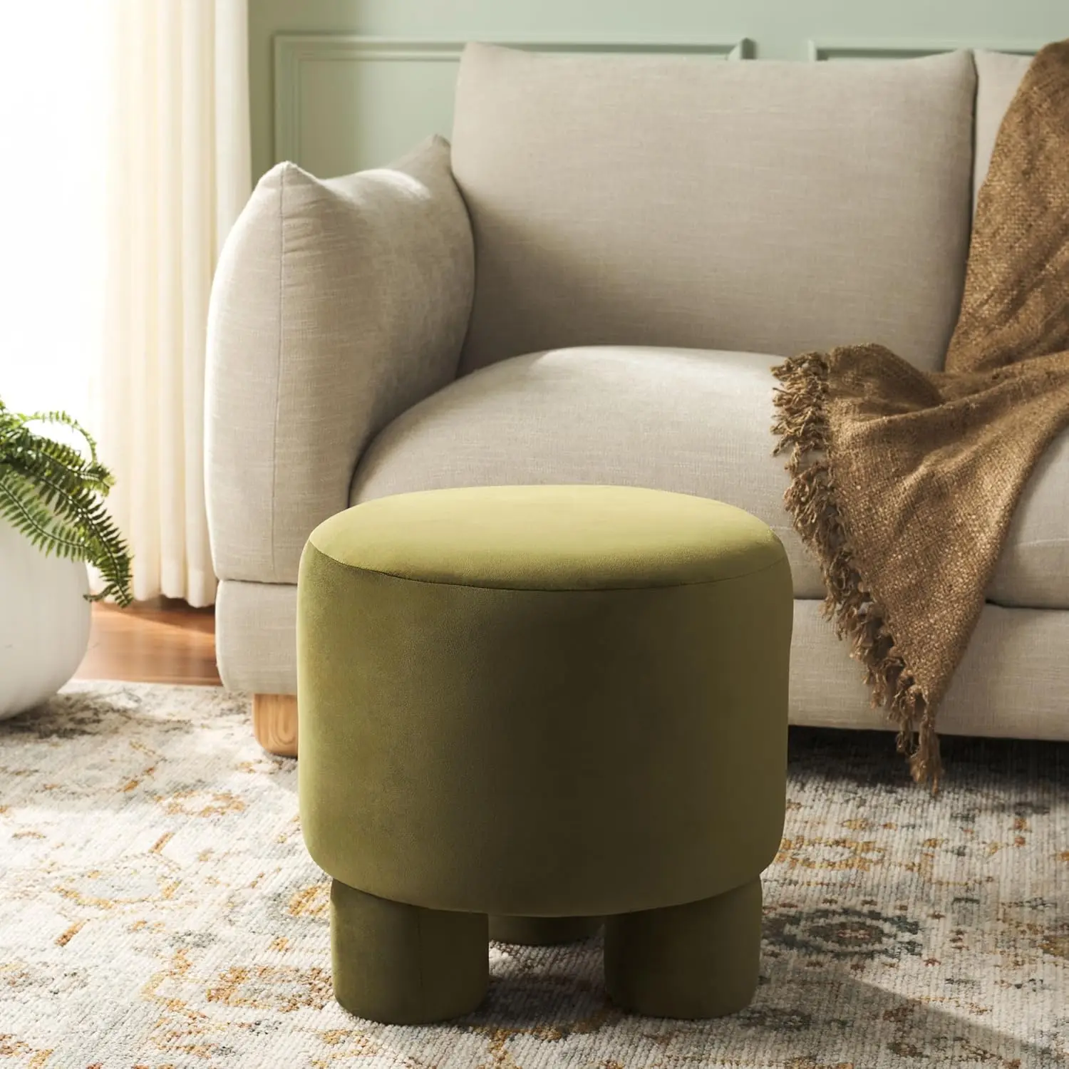 Olive Green Velvet Round Ottoman Footrest Stool Seat for Living Room Bedroom, Customized