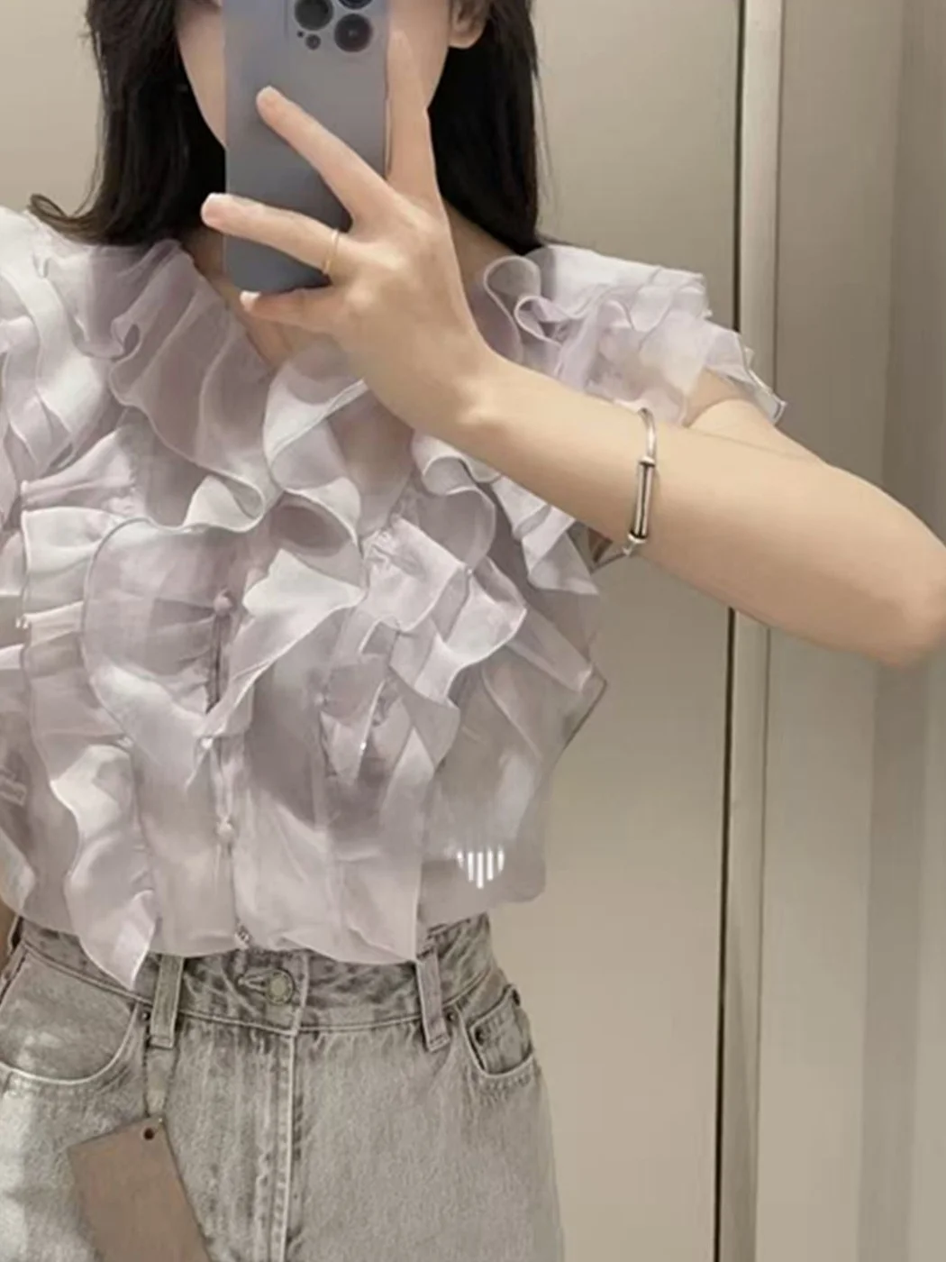 

Japanese Style V-Neck Chiffon Puffy Sleeve Shirt with Lace Trim 2026 Spring New Style Loose Fit Women's Blouse without Sleeves