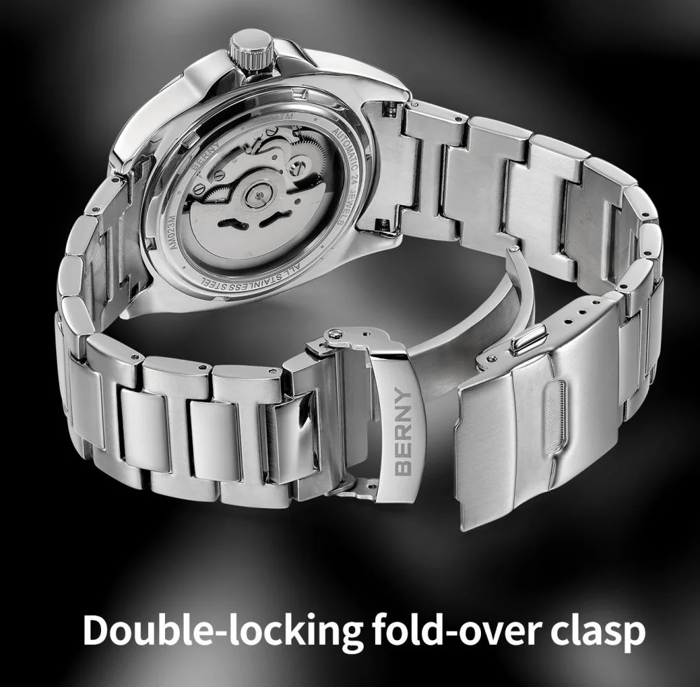 BERNY Automatikuhren für Herren, superleuchtend, Datum und Woche, mechanische Herrenuhr, komplett aus Edelstahl, Armbanduhr NH36, Saphir – Detail 3