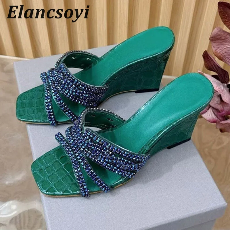 Wedges Heels Slippers Women's Shiny Rhinestone Square Toe Hallow Outs Lazy Sandals Summer Fashion Party Dress Shoes 2025