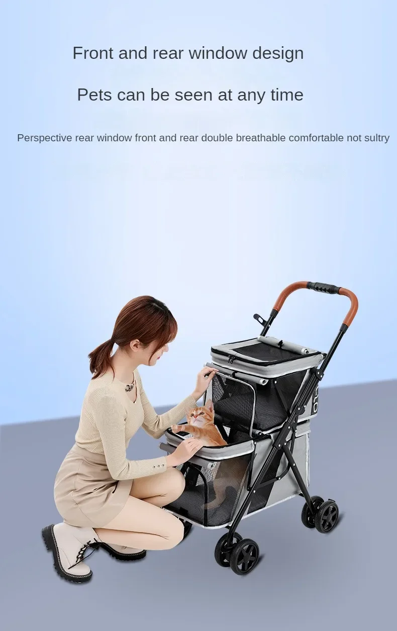 New Pet Stroller Double Layer Suitable for Two Pet Cats Dogs Foldable Cart Breathable Dog Stroller Pet Trolley carry on case