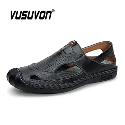 Men Cow Natural Leather Sandals Summer Classic Outdoor Slippers Black Soft Comfortable Beach Water Flats Large Size 38-46