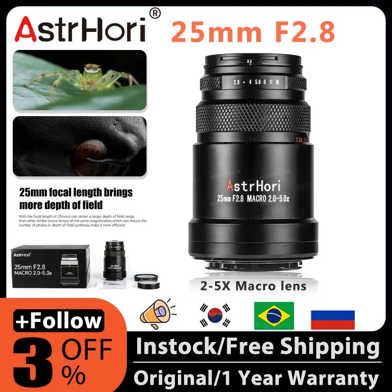 AstrHori 25mm F2.8 2-5X Ultra Macro Full Frame Manual Focus lens For Fuji X Canon RF Nikon Z Panasonic L Sony E Mount Cameras